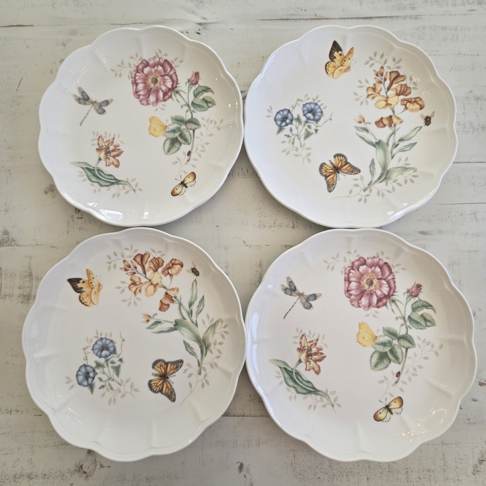 Set of 4 Lenox Butterfly Meadow 11" Dinner Plates 2 Monarch & 2 Dragonfly